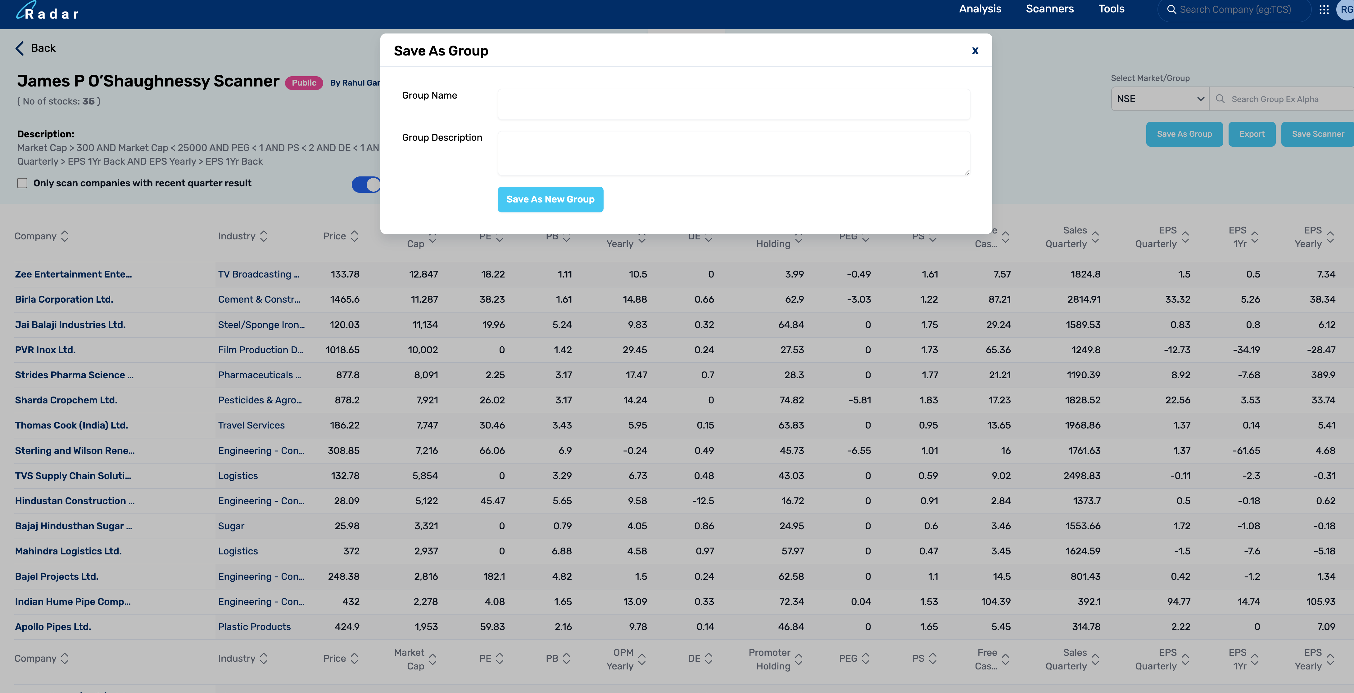 Adding stocks from fundamental scanner to existing stock group ...