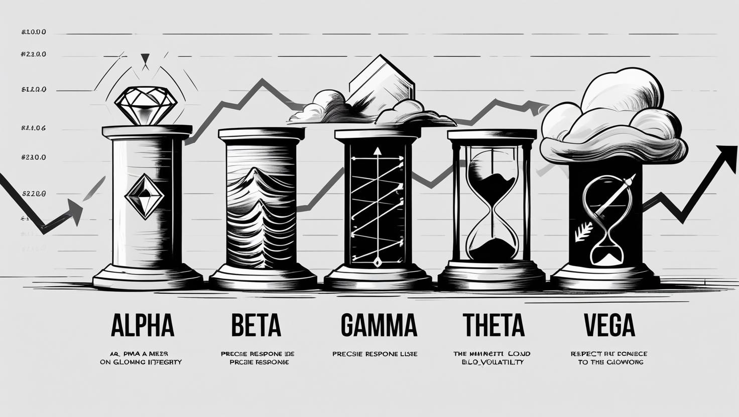 A sleek and inspirational trading-themed illustration showing five symbolic pillars labeled Alpha, Beta, Gamma, Theta, Vega, each with unique visual elements_ Alpha with a glowing diamond symbolizing integri.jpg