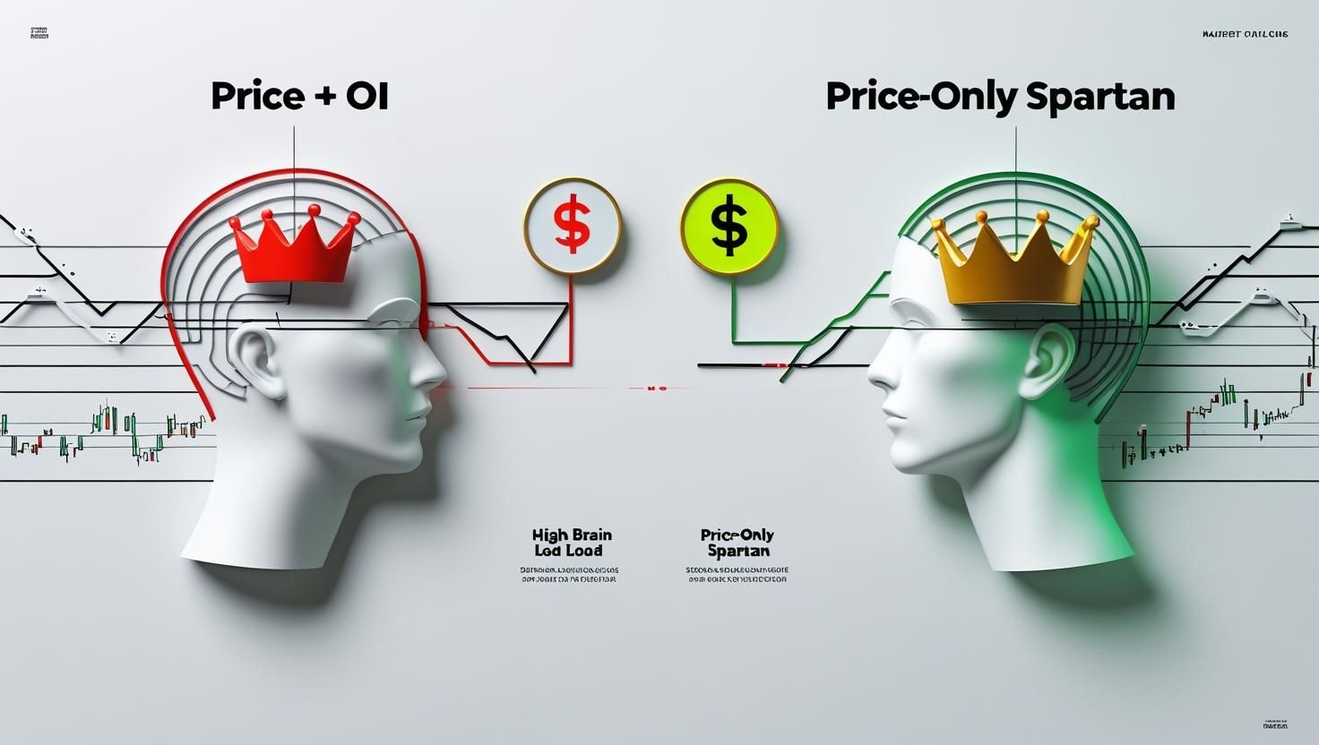 A clean, modern infographic illustrating two trading paths_ On the left, “Price + OI” with two connected data streams flowing into a trader’s mind, showing high brain load with a pressure gauge in red; on the ri (1).jpg