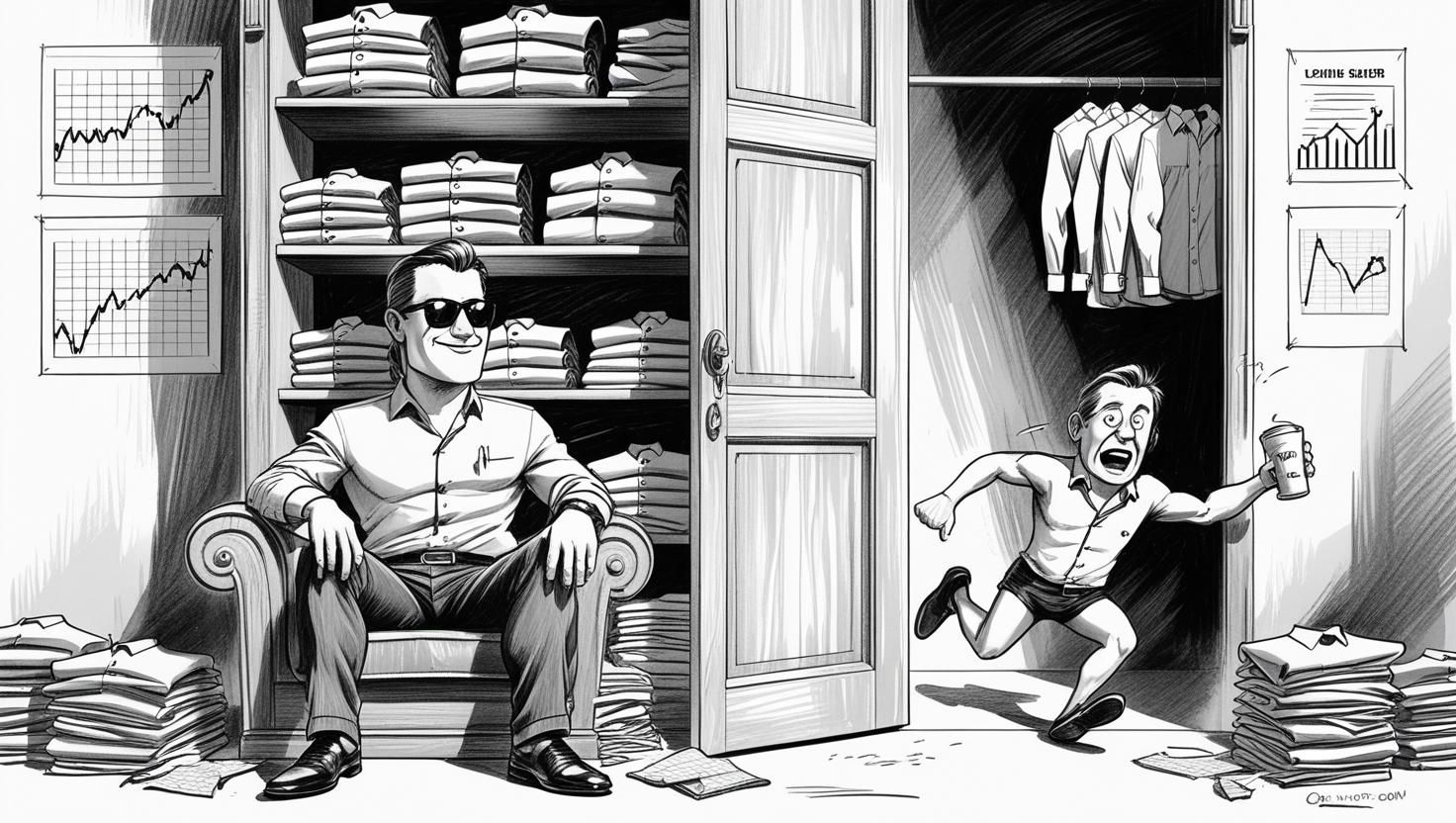 A cartoon-style humorous illustration of a confident option seller sitting relaxed in a giant wooden wardrobe full of neatly folded colorful shirts, sipping coffee, wearing sunglasses, smiling calmly. In the bac (1).jpg